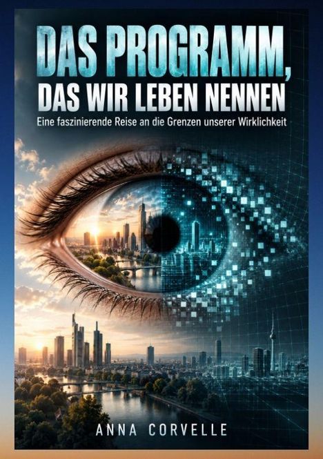 „DAS PROGRAMM, DAS WIR LEBEN NENNEN“. Großes Auge, Stadtansicht, Pixel-Übergang, Autorin: Anna Corvelle.