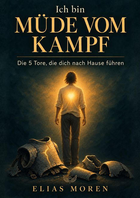 "I am müde vom Kampf. Die 5 Tore, die dich nach Hause führen. Elias Moren." Eine Person vorm Sonnenlicht, zerlegte Rüstung am Boden.