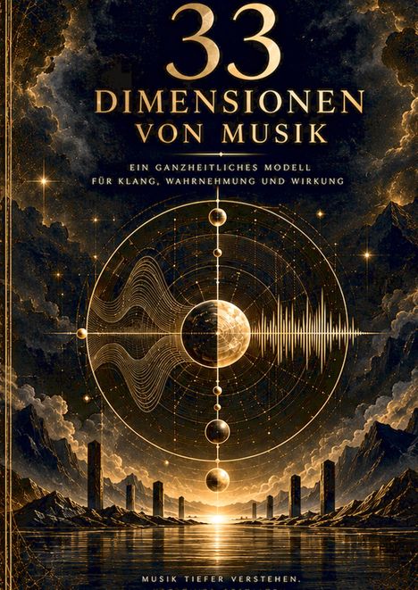 Titel: "33 Dimensionen von Musik". Untertitel: "Ein ganzheitliches Modell für Klang, Wahrnehmung und Wirkung". Bild: mystische Landschaft mit kosmischen Mustern und Wellenformen.