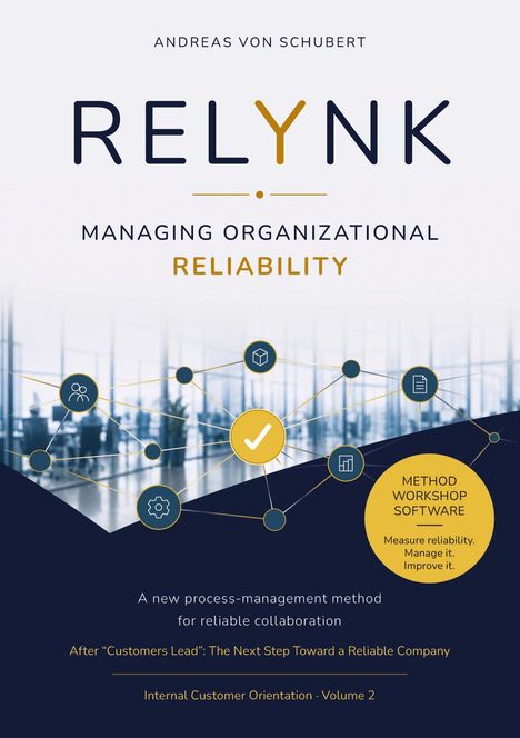 Titel: RELYNK, Thema: Managing Organizational Reliability, Autor: Andreas von Schubert. Abstraktes Netzwerk aus Symbolen.