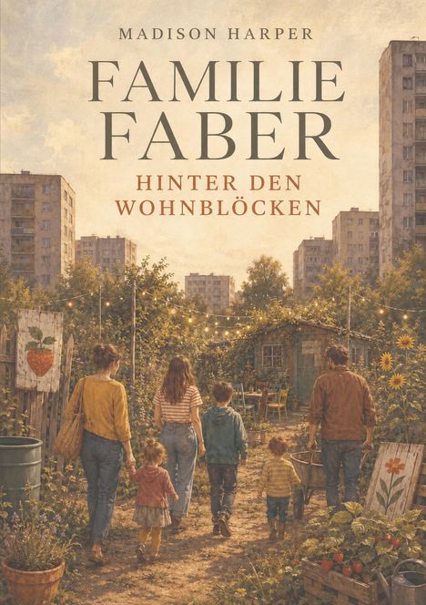 „MADISON HARPER“, „FAMILIE FABER“, „HINTER DEN WOHNBLOCKEN“. Illustration: Familie geht durch Gartenweg, umgeben von Blumen.