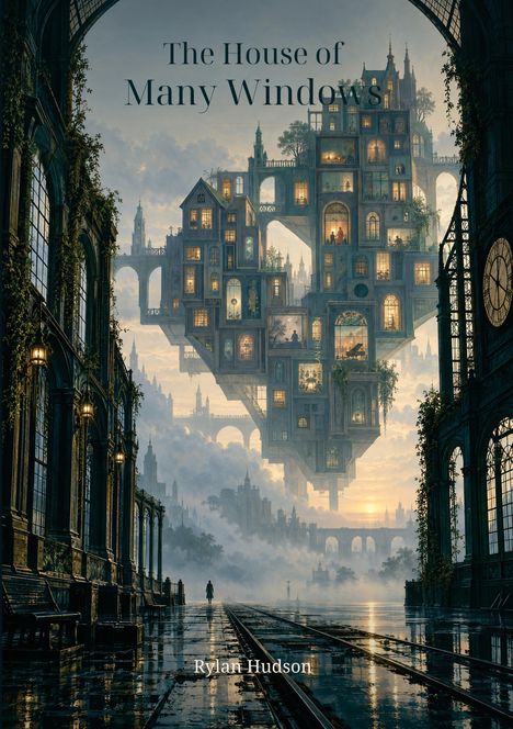 „The House of Many Windows“ und „Rylan Hudson“. Eine surreale Stadt mit vielen beleuchteten Fenstern in der Dämmerung.