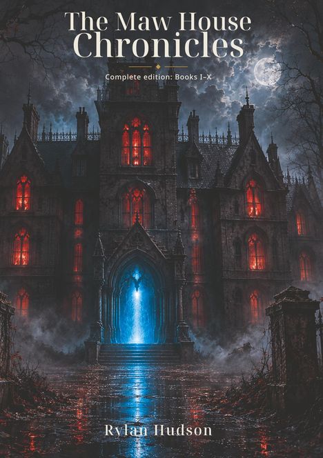 "The Maw House Chronicles. Complete edition: Books I-X. Rylan Hudson." 

Eine düstere Burg mit leuchtend roten Fenstern.