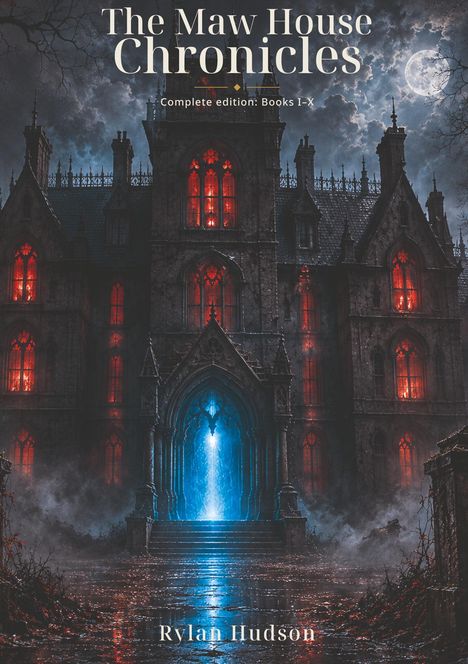 "The Maw House Chronicles, Complete edition: Books I–X, Rylan Hudson. Düsteres Herrenhaus mit roten Fenstern, Vollmond."