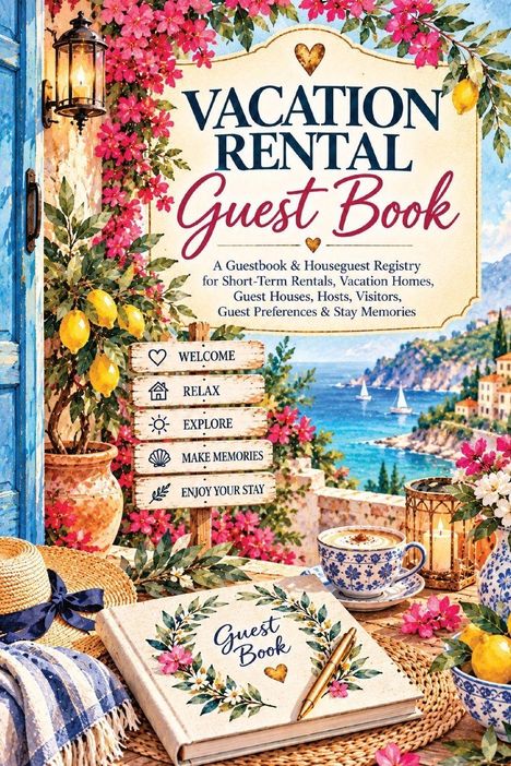 "VACATION RENTAL Guest Book" steht auf einem dekorativen Schild mit Blumen, Blick auf das Meer, Zeichen und Tassen.