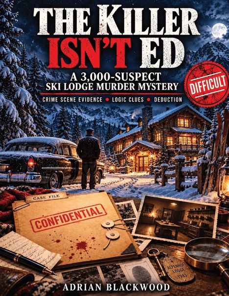 „THE KILLER ISN'T ED“ steht groß darüber. Ein verschneites Berghotel bei Nacht mit Detektivutensilien im Vordergrund.