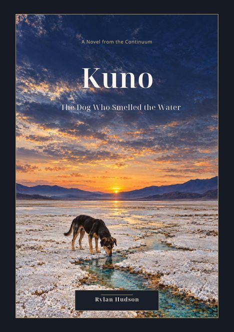 "Kuno. The Dog Who Smelled the Water. Rylan Hudson." Ein Hund schnüffelt an einem kleinen Wasserlauf in einer weiten Salzwüste.