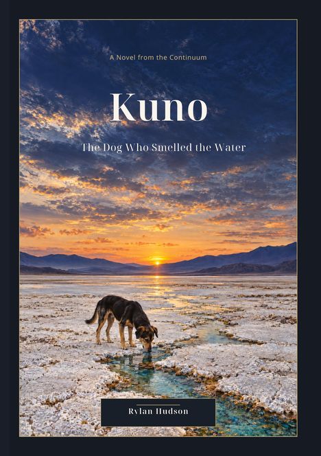 „A Novel from the Continuum; Kuno: The Dog Who Smelled the Water; Rylan Hudson.“ Ein Hund trinkt aus einem Bach in einer Wüste bei Sonnenuntergang.