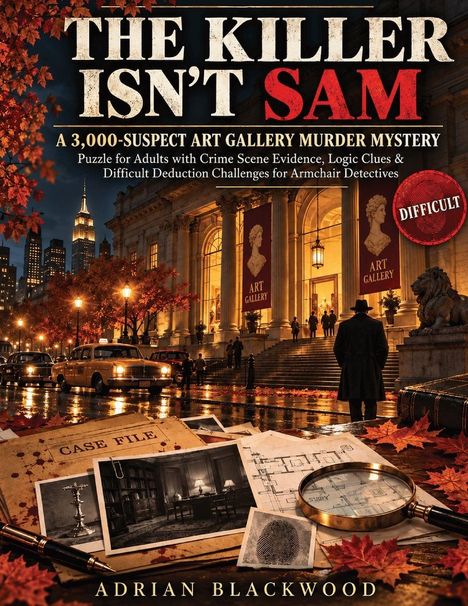 „THE KILLER ISN’T SAM, A 3,000-SUSPECT ART GALLERY MURDER MYSTERY“ steht in großen Buchstaben. Es zeigt eine historische Galerie.