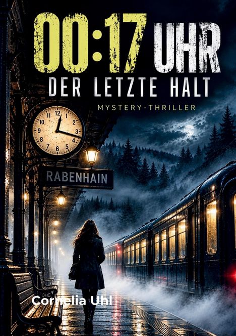 "00:17 Uhr Der letzte Halt" steht groß oben. Eine Frau geht allein auf einem nebligen Bahnsteig in der Nacht.