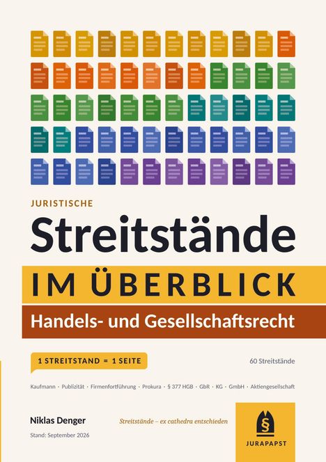 "Juristische Streitstände im Überblick, Handels- und Gesellschaftsrecht, 1 Streitstand = 1 Seite, 60 Streitstände. Niklas Denger." 

Oben sind bunte Dokument-Icons, unten ist ein Logo.