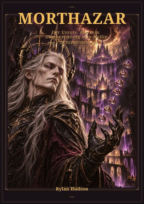 "MORTHAZAR: Der Untote, der kein Dämonenkönig sein wollte. Band 1: Die Rückkehr des Königs." Illustration eines düsteren Königs.