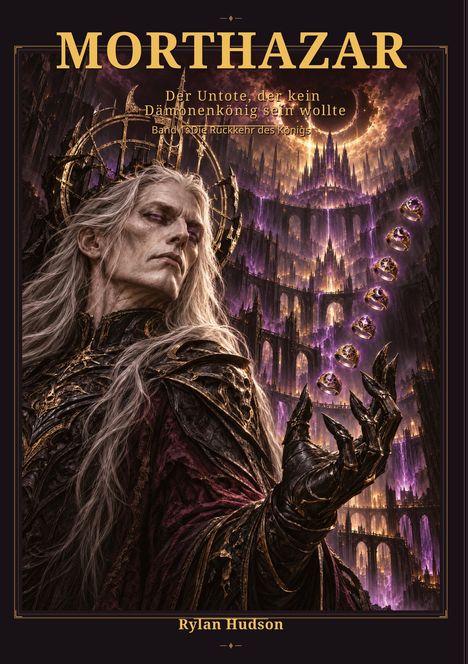 „MORTHAZAR: Der Untote, der kein Dämonenkönig sein wollte. Band 4: Die Rückkehr des Königs.“ Illustration mit düsterem Herrscher.