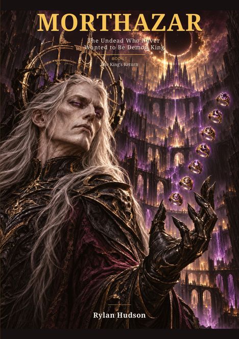 „MORTHAZAR“, „The Undead Who Never Wanted to Be Demon King“, „BOOK 1 The King's Return“, „Rylan Hudson“. Ein düsterer, majestätischer König in schwarzer Rüstung vor einer gotischen Kulisse.