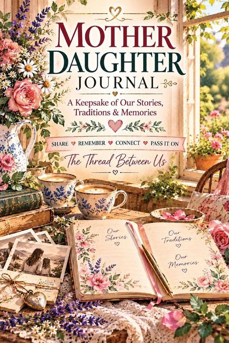 „Mother Daughter Journal“, „Our Stories“, „Our Traditions“, „Our Memories“. Illustration mit Blumen, Tee und einem Buch.