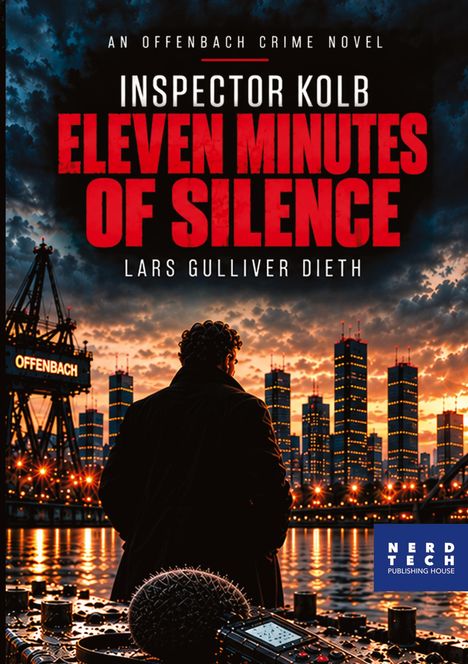 Buchtitel: "Inspector Kolb: Eleven Minutes of Silence". Hintergrund: Skyline bei Sonnenuntergang, Person im Vordergrund.