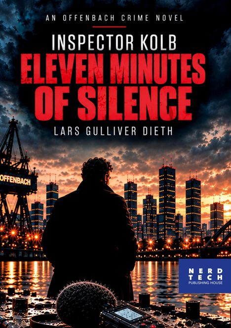 Aufschrift: "Inspector Kolb: Eleven Minutes of Silence". Silhouette eines Mannes vor einer beleuchteten Stadt bei Sonnenuntergang.