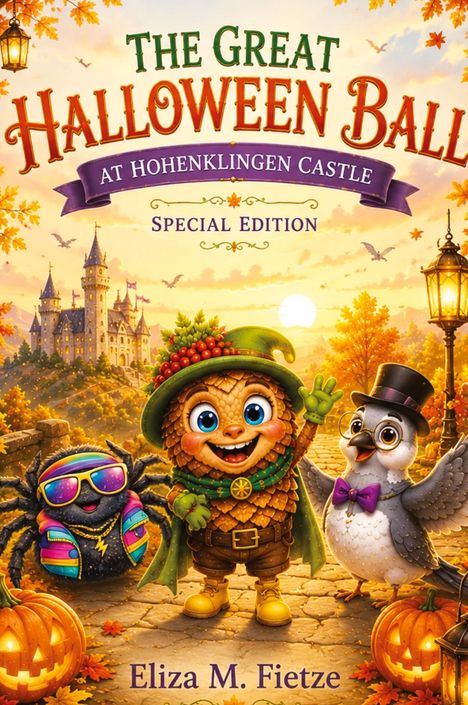 „The Great Halloween Ball“ steht über einer herbstlichen Szene mit süß verkleideten Tieren. Ein Schloss im Hintergrund.
