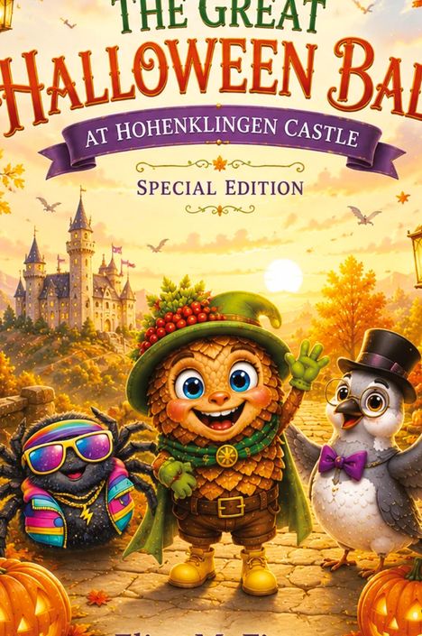 Text: "The Great Halloween Ball at Hohenklingen Castle Special Edition." Niedliche Figuren vor einem Schloss in herbstlicher Landschaft.