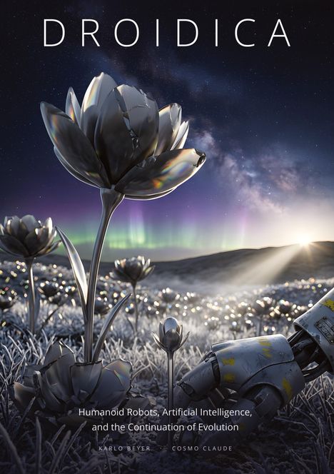 „DROIDICA“ oben, unten Text über humanoide Roboter. Metallblumen auf einem Feld bei Sonnenaufgang, Roboterarm berührt Blume.