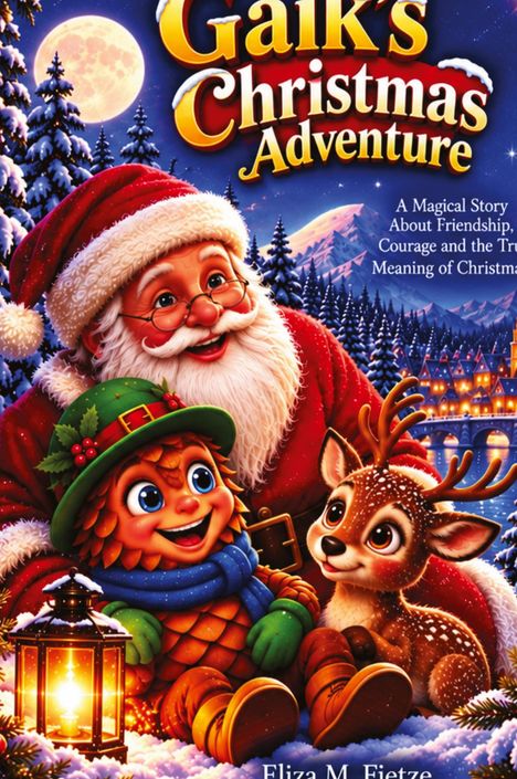 Text: "Gaik's Christmas Adventure", "A Magical Story About Friendship, Courage and the True Meaning of Christmas". Illustration: Weihnachtsmann, Waldwesen, Rentier vor verschneiter Szenerie.