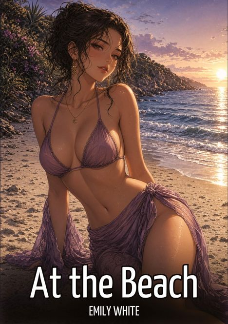 Texte: At the Beach. Emily White.  
Illustration: Frau in lila Bikini am sonnigen Strand.