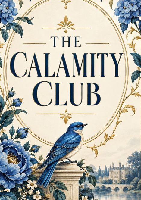 "The Calamity Club" steht in großen Buchstaben. Darunter sitzt ein blauer Vogel auf einem Sockel, umgeben von blauen Blumen. Ein Schloss steht im Hintergrund.