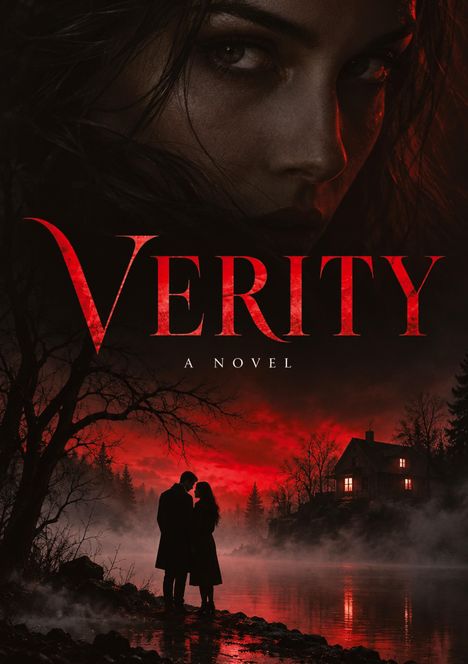 "Verity - A Novel". Roter Himmel über einer Landschaft mit Haus am See, Silhouette eines Paares im Vordergrund.