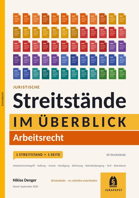 Juristische Streitstände im Überblick: Arbeitsrecht. 1 Streitstand = 1 Seite. 60 Streitstände. Niklas Denger, September 2026. Illustrierte bunte Dokument-Symbole, Logo unten rechts.
