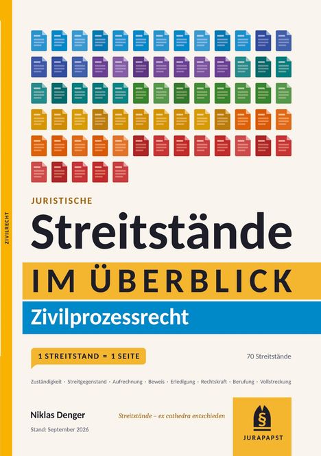 „Juristische Streitstände im Überblick: Zivilprozessrecht“ in großen Lettern. Dokument-Icons in unterschiedlichen Farben.