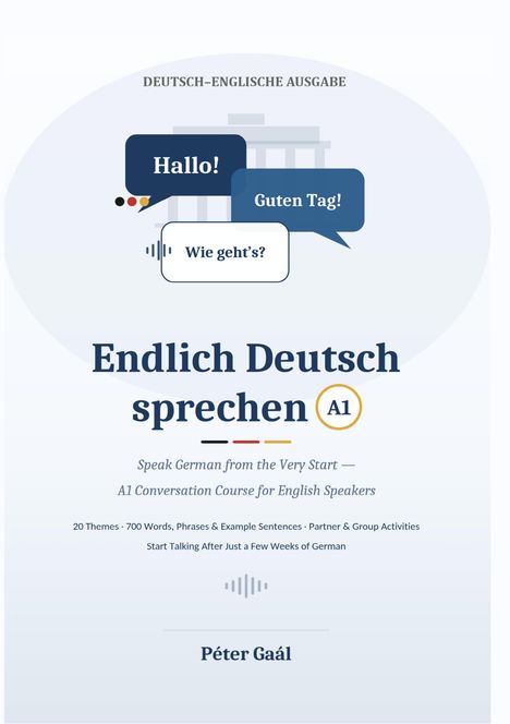 "Endlich Deutsch sprechen A1" zeigt Sprechblasen mit "Hallo!", "Guten Tag!", "Wie geht’s?". Autor: Péter Gaál.