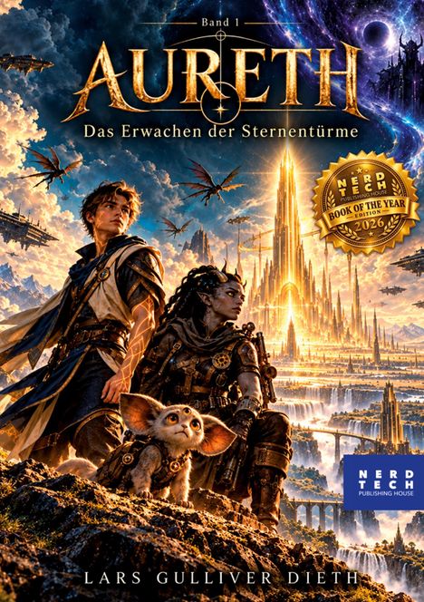 Text: "Band 1, AURETH, Das Erwachen der Sternentürme, Lars Gulliver Dieth, NERD TECH". Fantasievolle Szene mit Charakteren und Drachen.