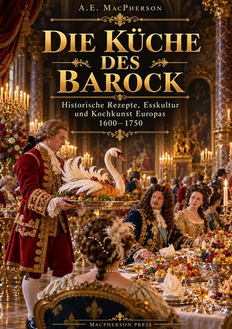 Die Worte "DIE KÜCHE DES BAROCK" sind groß. Ein opulentes Festmahl mit reich gekleideten Menschen in einem prunkvollen Saal.