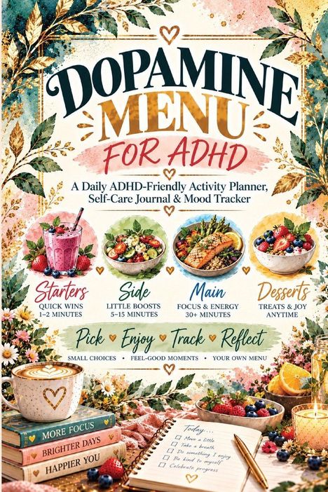 "Dopamine Menu for ADHD: A Daily ADHD-Friendly Activity Planner, Self-Care Journal & Mood Tracker." Mit Essen, Pflanzen, Kerzen.