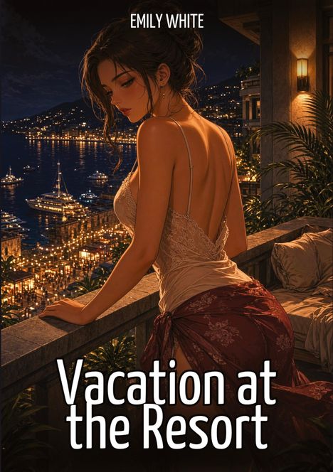 "EMILY WHITE" und "Vacation at the Resort". Eine Frau mit elegantem Kleid blickt auf ein nächtliches, beleuchtetes Hafenpanorama.