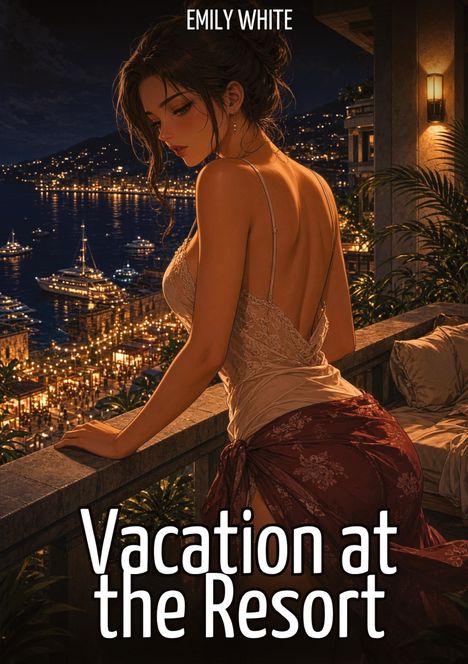 Text oben: "Emily White". Unten: "Vacation at the Resort". Illustration einer Frau auf einem Balkon mit Meerblick bei Nacht.