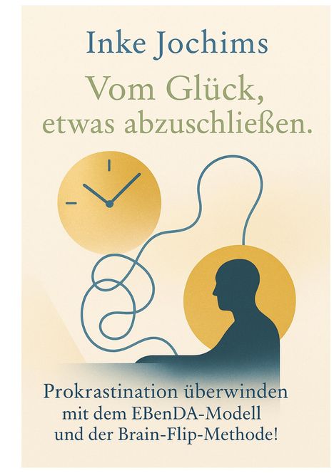 "Vom Glück, etwas abzuschließen." Illustration: Uhr und Silhouette verbinden sich durch Linien.