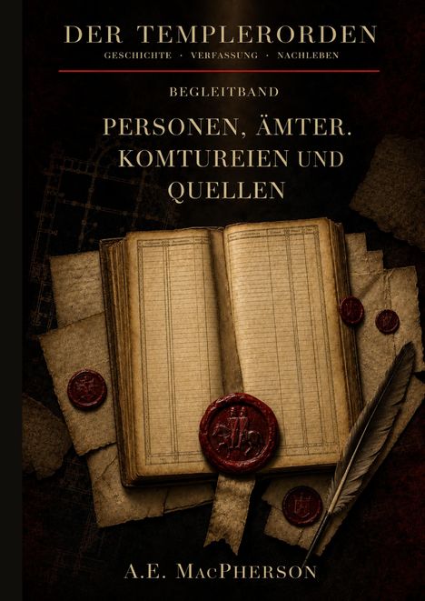 Buchtitel: Der Templerorden. Altes Buch mit Siegel und Feder darunter.