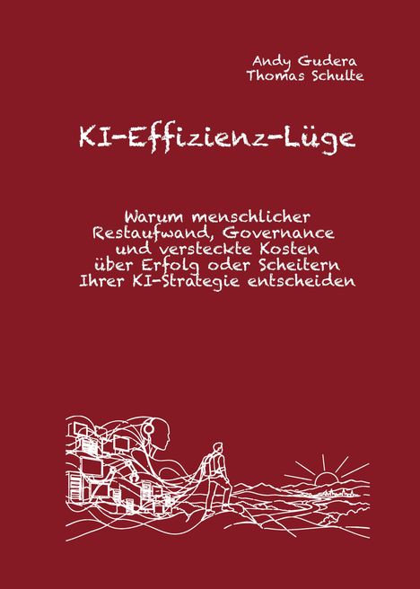 „KI-Effizienz-Lüge“ und Autoren. Skizze: Mensch vor Technologien, Blick zum Sonnenuntergang.