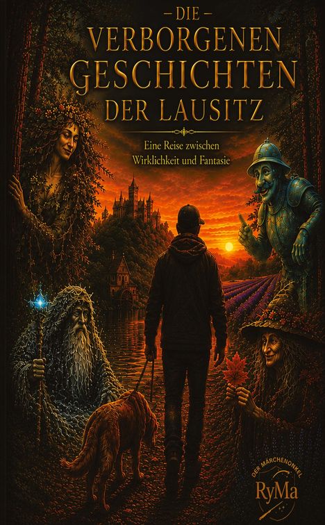 Text: "Die verborgenen Geschichten der Lausitz. Eine Reise zwischen Wirklichkeit und Fantasie." Fantasievolle Landschaft mit Figuren.