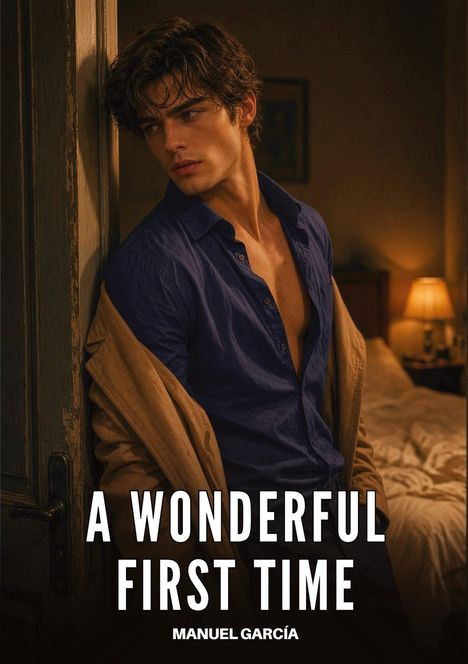 Titel: "A Wonderful First Time". Darunter: "Manuel García". Ein Mann lehnt lässig an einer Tür in einem gedämpft beleuchteten Raum.