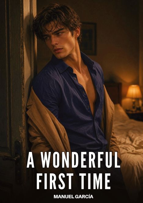 "A Wonderful First Time. Manuel García." Ein nachdenklicher Mann lehnt an einer Tür in einem spärlich beleuchteten Raum.
