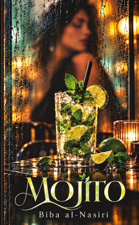 "Mojito" und "Biba al-Nasiri" sind in eleganten Buchstaben zu sehen. Ein Glas mit Mojito vor regennasser Scheibe.