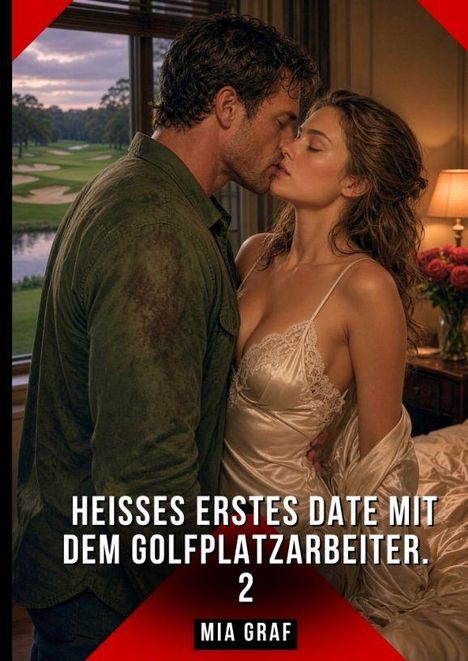 "HEISSES ERSTES DATE MIT DEM GOLFPLATZARBEITER. 2 - MIA GRAF." Ein Paar küsst sich. Fenster mit Golfplatz im Hintergrund.