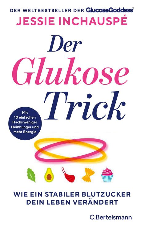 Titel: Der Glukose-Trick, Autor: Jessie Inchauspé, Weltbestseller. Illustrationen von Lebensmitteln und zweifarbigen Ringen.