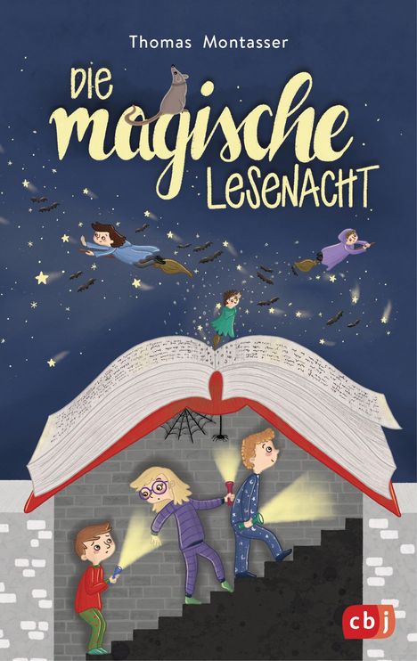 „Die magische Lesenacht“ von Thomas Montasser. Kinder fliegen und schleichen mit Taschenlampen unter einem großen Buch.