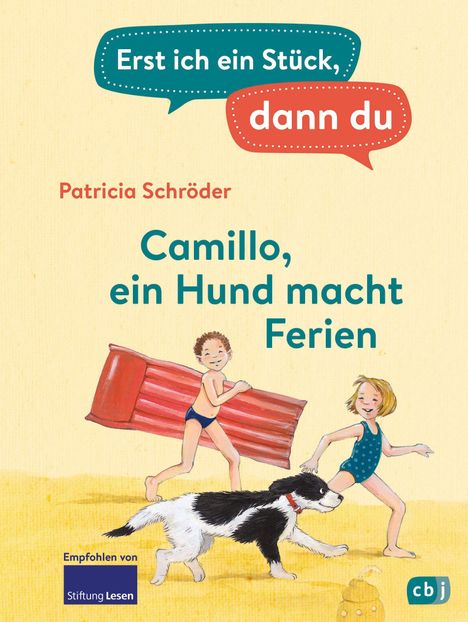 Titel: "Camillo, ein Hund macht Ferien." Zwei Kinder spielen mit einem Hund am Strand.