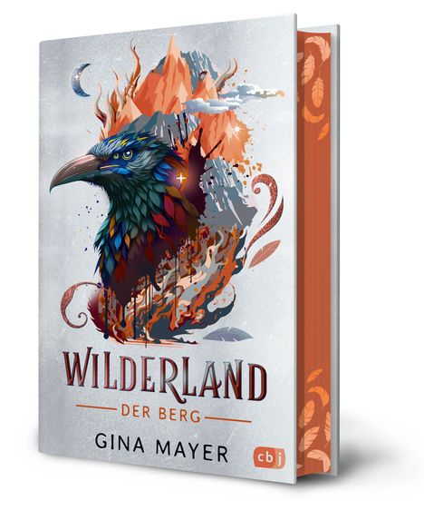 Text: Wilderland - Der Berg, Gina Mayer. Illustration: Bunter, majestätischer Vogel vor feurigen Bergen und Mond.