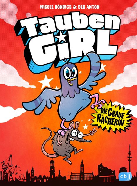 "Taubengirl – Die graue Rächerin" in großer Schrift, zeigt eine Taube, die eine Ratte über einer Stadtsilhouette trägt.