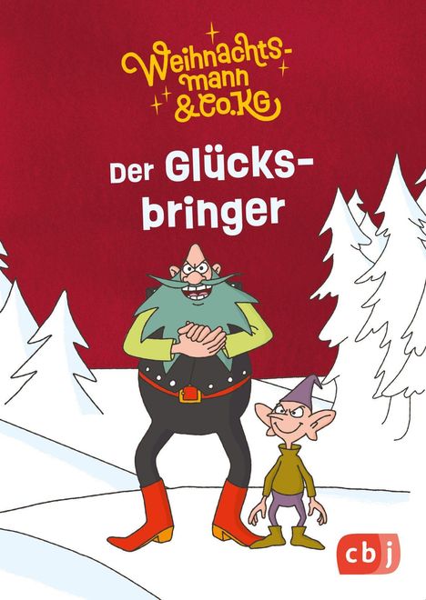 "Weihnachtsmann & Co. KG: Der Glücksbringer." Illustration mit zwei Figuren, einem großen Mann und einem kleinen Elf im Schnee.